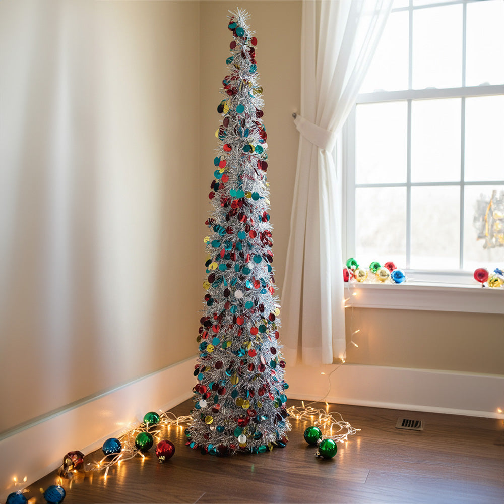 Colorful 150cm Tinsel Christmas tree by Garden Sanctuary, decorated with vibrant tinsel for festive holiday decor.