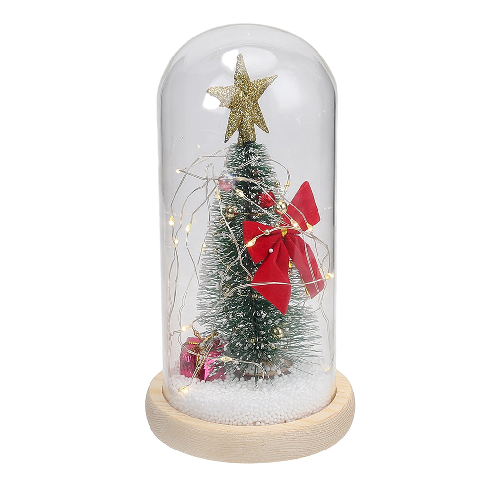LED glass dome Christmas tree tabletop decoration by Garden Sanctuary, featuring a festive holiday tree inside a clear glass dome.