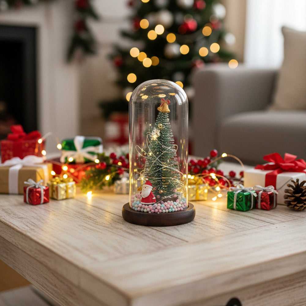 LED glass dome Christmas tree tabletop decoration by Garden Sanctuary, featuring a festive holiday scene inside a clear glass dome.