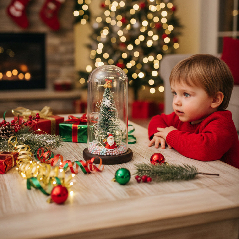 LED glass dome Christmas tree tabletop decoration by Garden Sanctuary, featuring a festive illuminated holiday scene inside a clear glass dome.