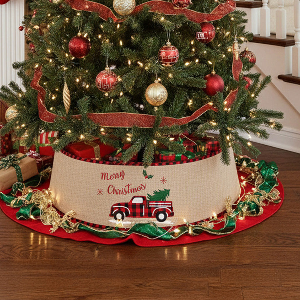 Christmas burlap tree skirt collar by Garden Sanctuary, featuring festive burlap design with Merry Christmas theme, ideal for holiday decor.