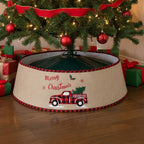 Garden Sanctuary burlap Christmas tree skirt collar with festive holiday design, perfect for decorating your Christmas tree.