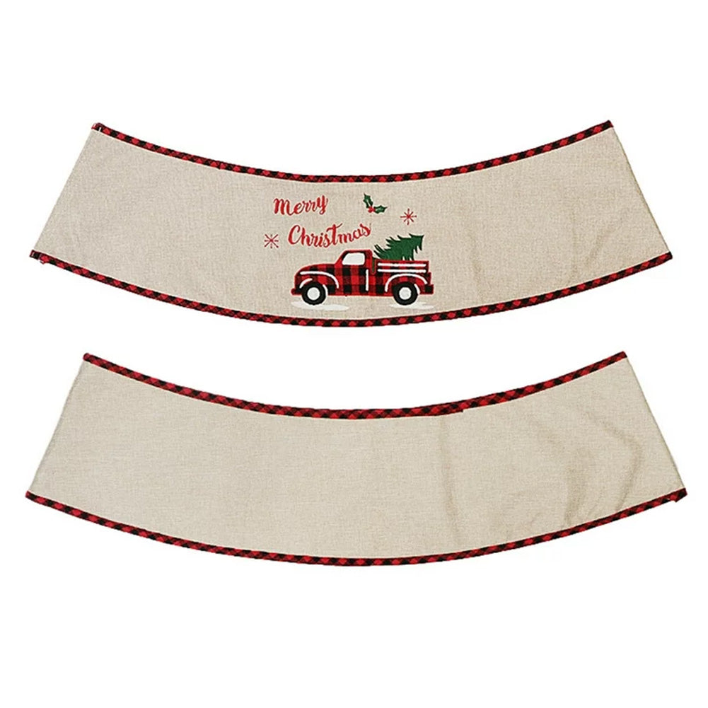 Garden Sanctuary burlap Christmas tree skirt collar with festive Merry Christmas design, perfect for holiday decorating.