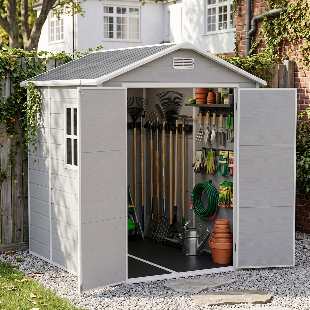 6 x 8 ft Plastic Garden Storage Shed with Apex Roof & Double Doors