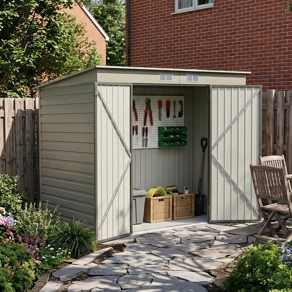 8 x 4 ft Metal Garden Storage Shed with Pent Roof & Padlockable Double Doors