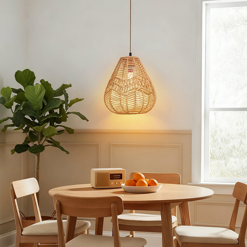 E27 rattan-woven ceiling pendant light by Garden Sanctuary hanging from a ceiling, showcasing its natural rattan design.