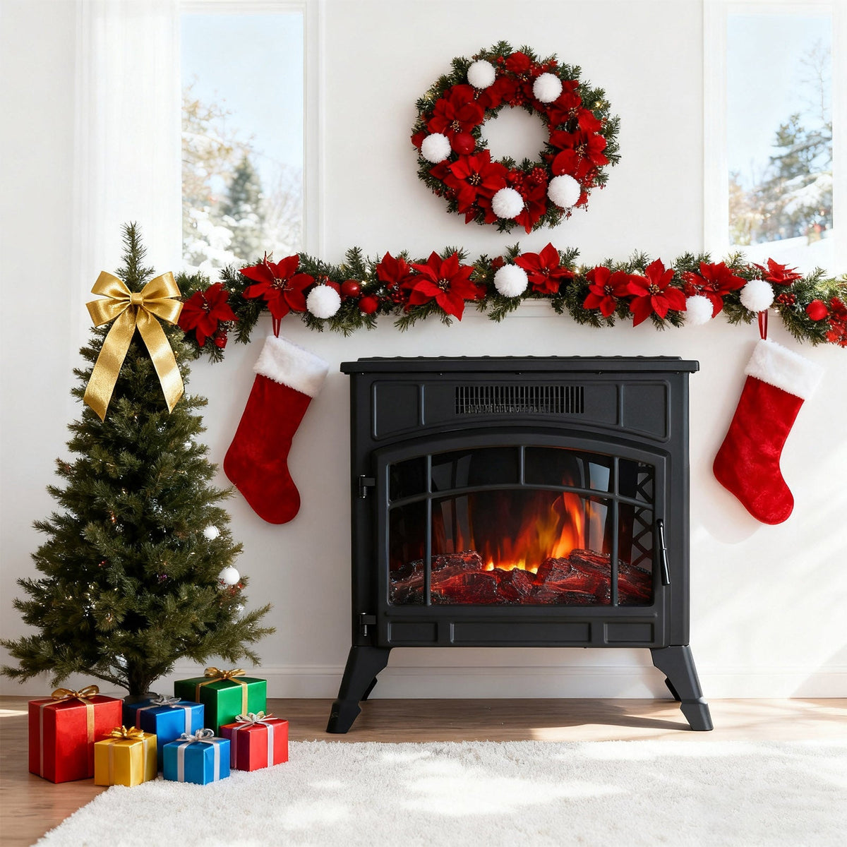 Freestanding Electric Fireplace Heater with Remote Control