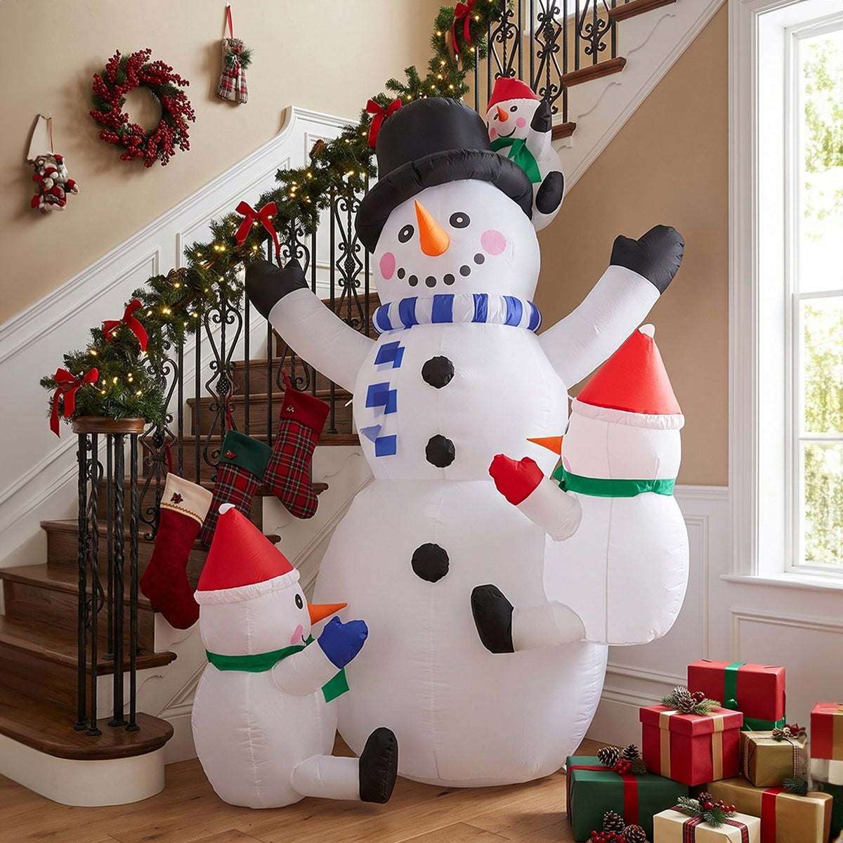 Garden Sanctuary 2.1m Christmas inflatable snowman family with LED lights, perfect holiday outdoor decoration.