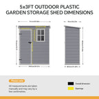 5 x 3 ft Plastic Garden Storage Shed with Pent Roof & Lockable Door
