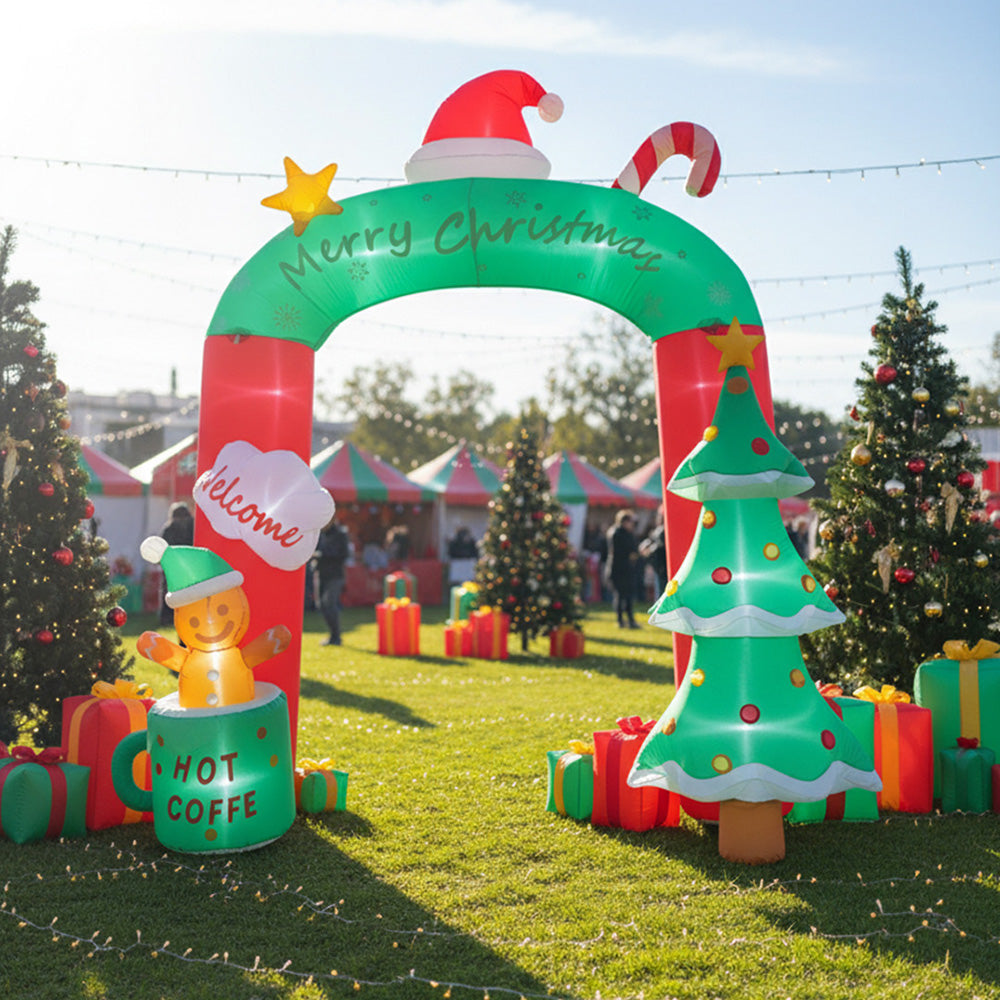 Garden Sanctuary 9FT Christmas blow-up archway inflatable decoration, festive holiday model with colorful lights and holiday theme.