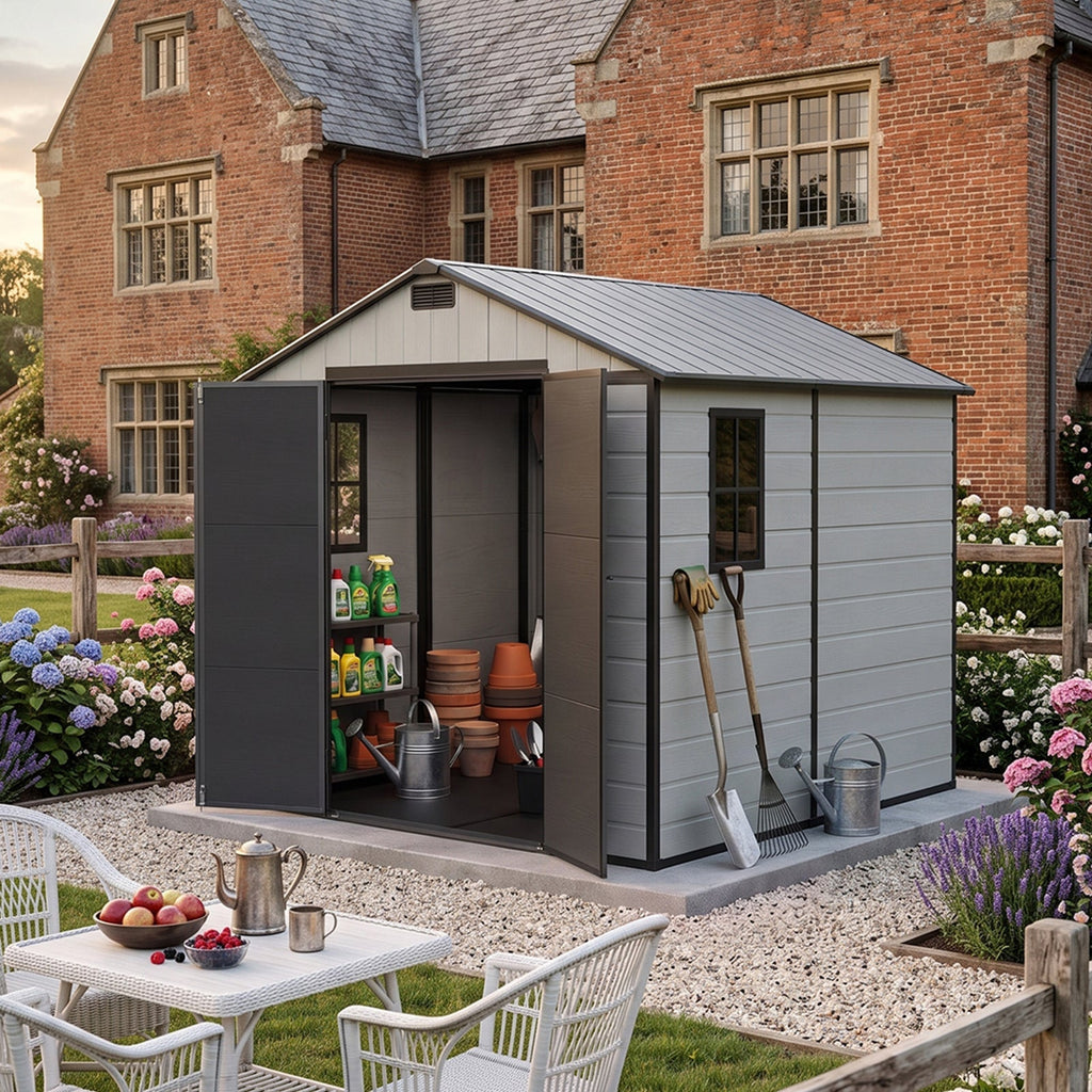 8 x 8 ft Plastic Garden Storage Shed with Apex Roof & Lockable Double Doors