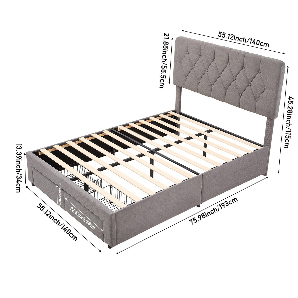 Garden Sanctuary double upholstered bed frame with built-in drawers, shown in a cozy bedroom setting.