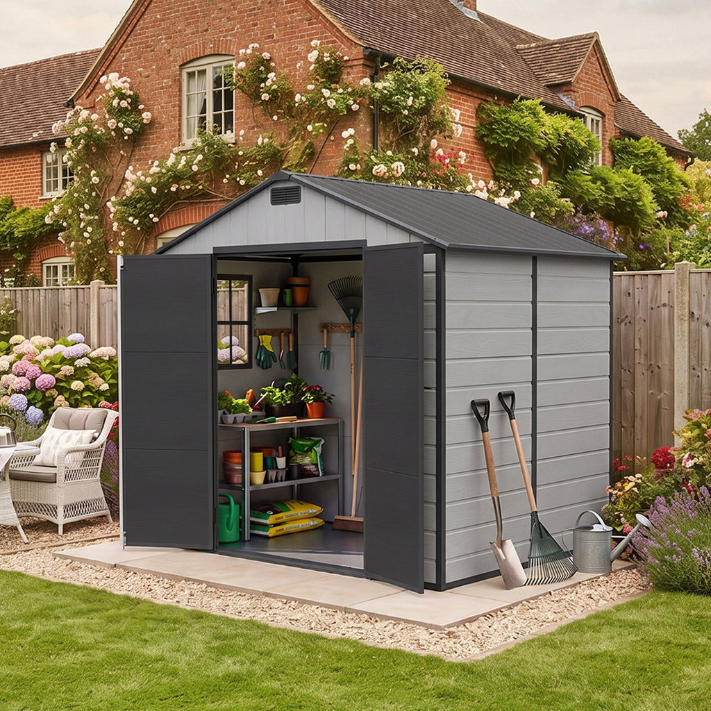 8 x 6 ft Plastic Garden Storage Shed with Apex Roof & Double Doors