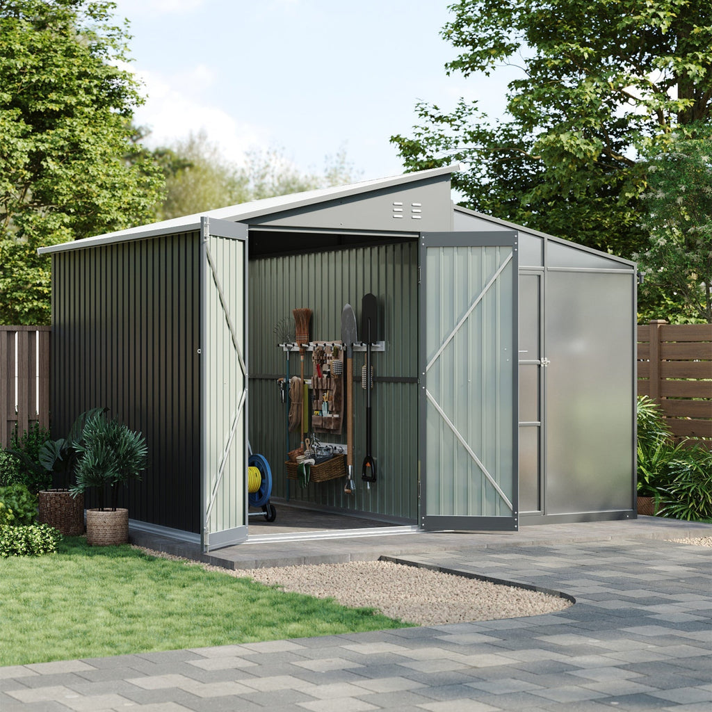 Garden Storage Shed with Integrated Lean-to Greenhouse & Double Doors