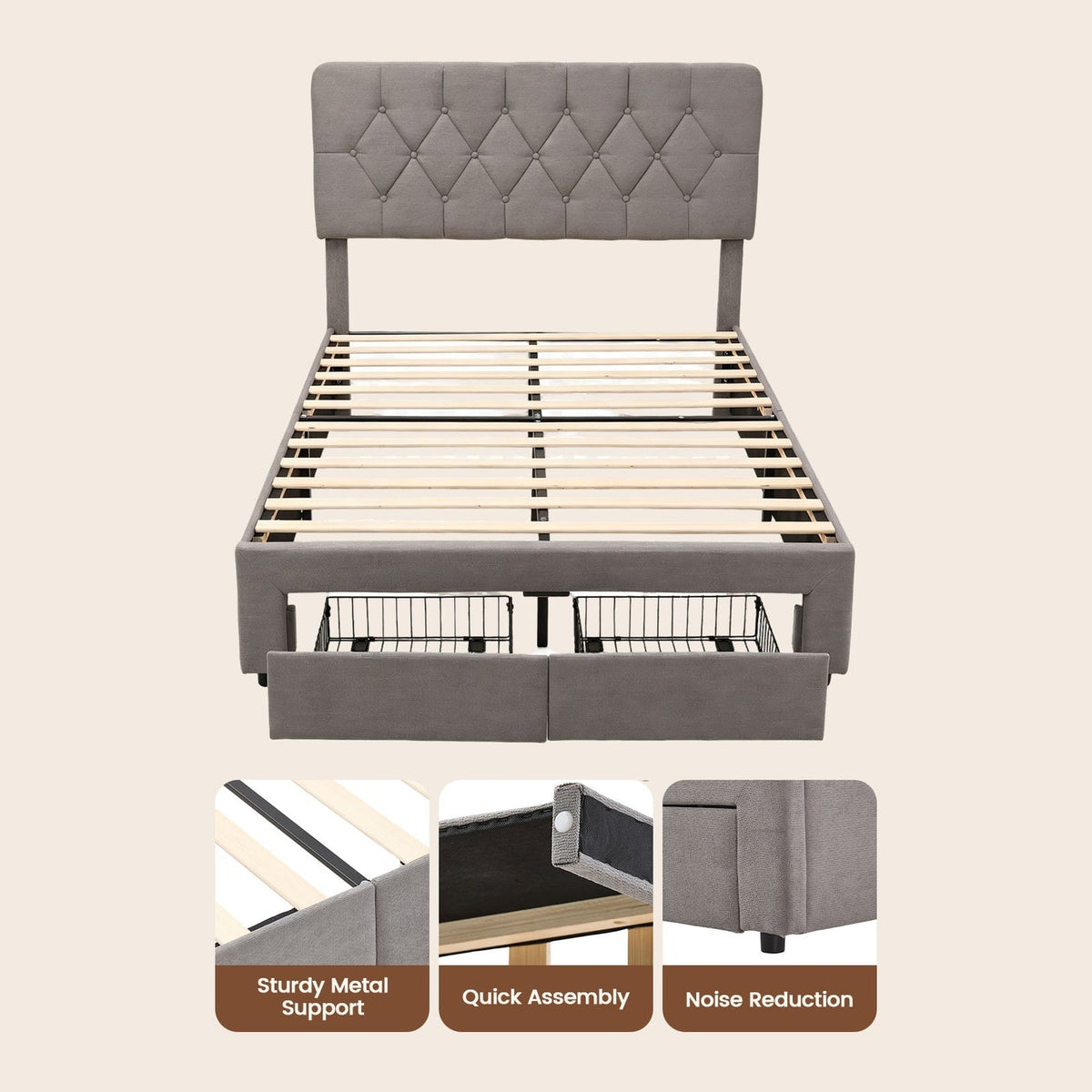 Garden Sanctuary double upholstered bed frame with built-in storage drawers, showcasing a stylish and comfortable bedroom centerpiece.