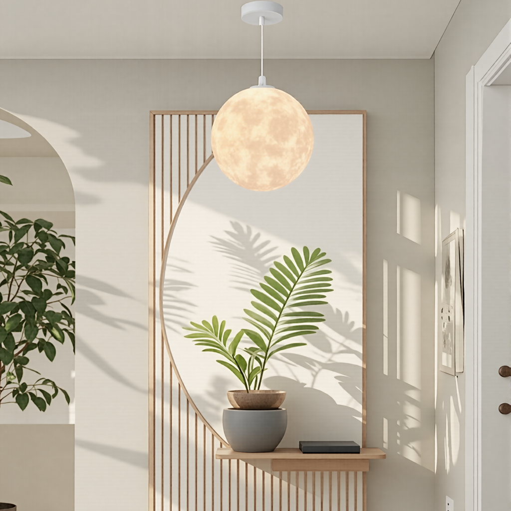 Creative 3D printed moon pendant light by DEMOLIGHTS, eco-friendly lunar globe chandelier for bedroom ceiling lighting.