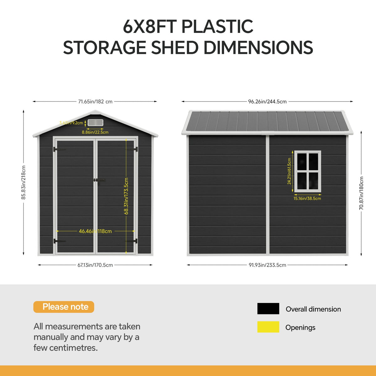 6 x 8 ft Plastic Garden Storage Shed with Apex Roof & Lockable Double Doors
