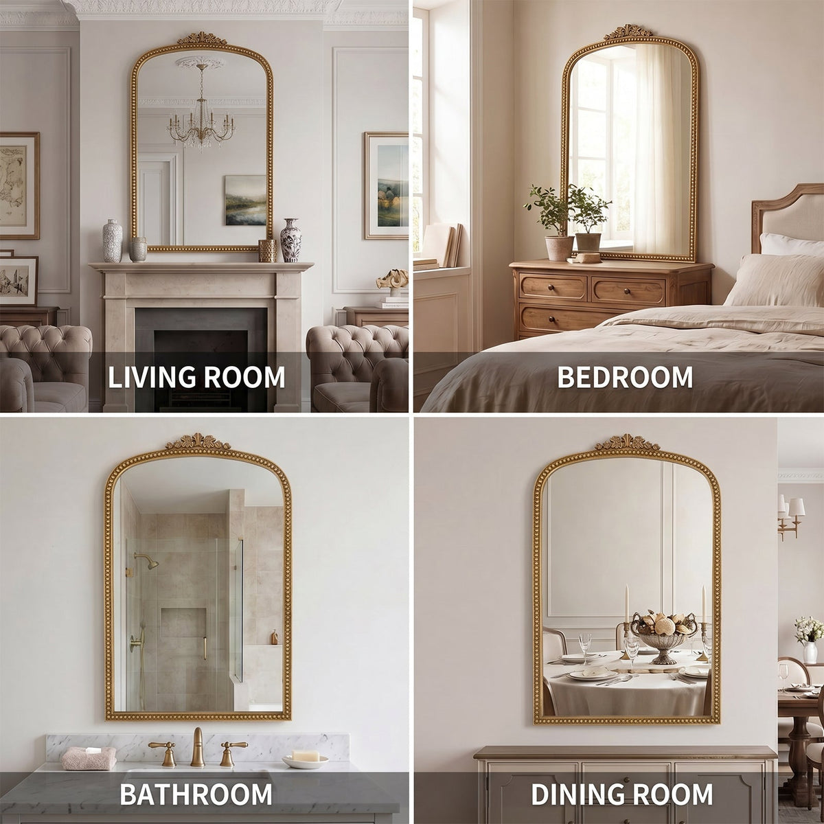 Gold Arched Decorative Vanity Mirror with Carved Frame