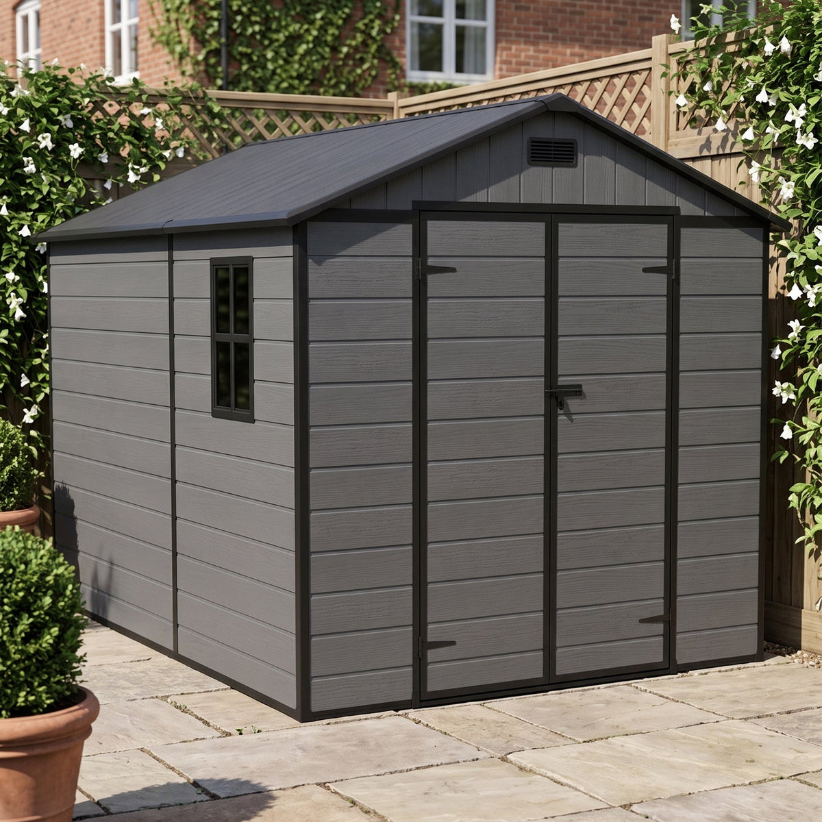 8 x 8 ft Plastic Garden Storage Shed with Apex Roof & Lockable Double Doors