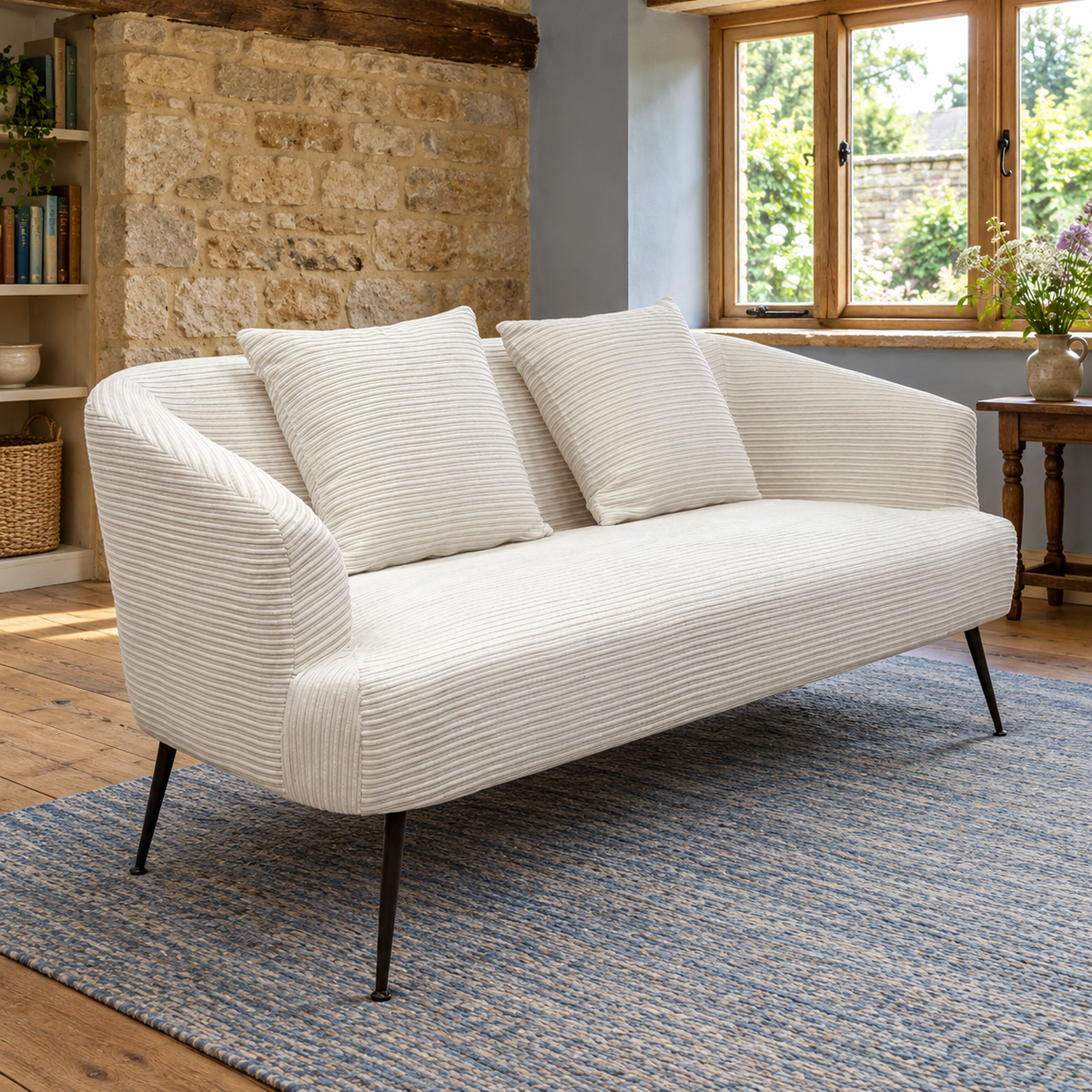 Modern Garden Sanctuary chenille 2-seater sofa with two scatter cushions, featuring soft fabric and contemporary design.