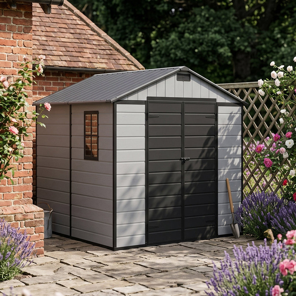 8 x 8 ft Plastic Garden Storage Shed with Apex Roof & Lockable Double Doors