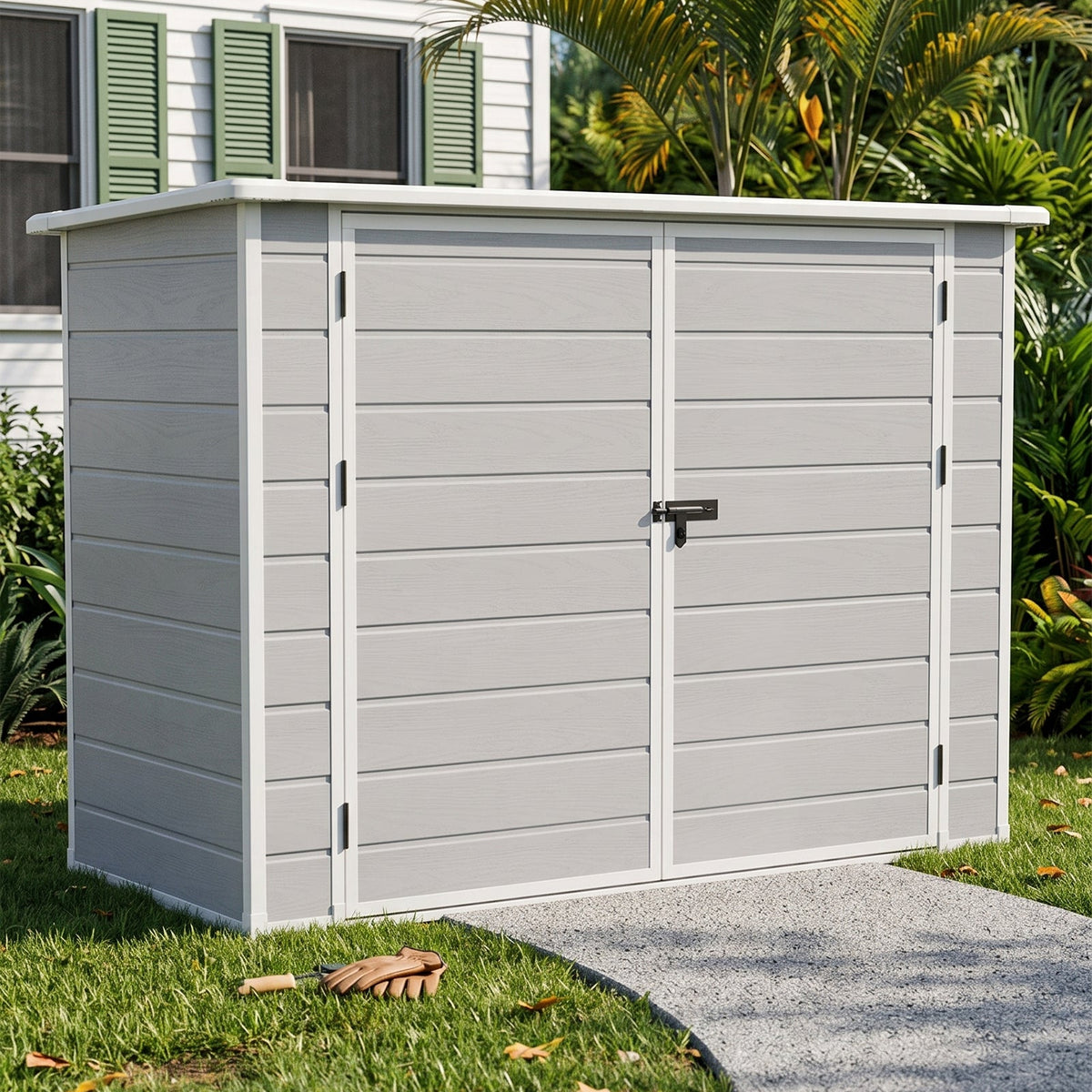 7 x 4 ft Outdoor Plastic Bike Storage Shed with Pent Roof & Double Doors