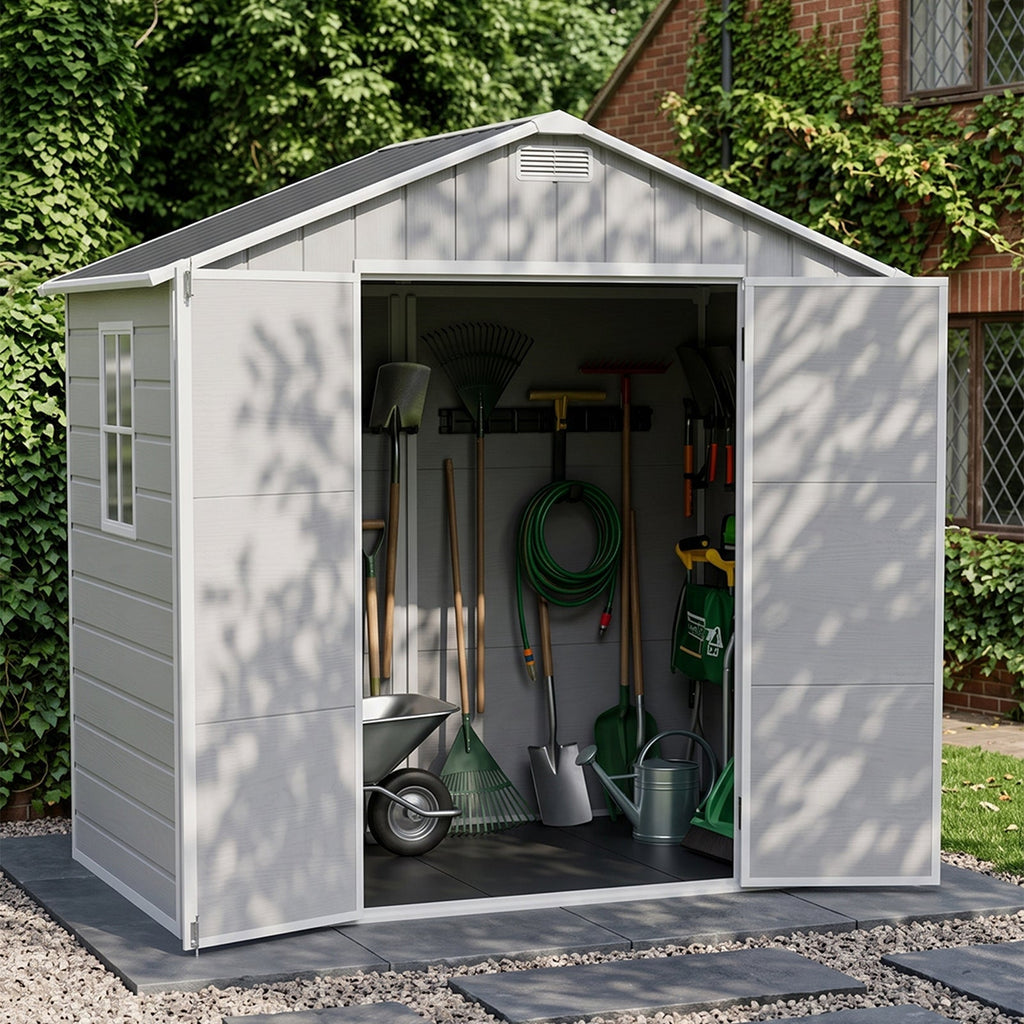 8 x 4 ft Plastic Garden Storage Shed with Apex Roof & Lockable Double Doors