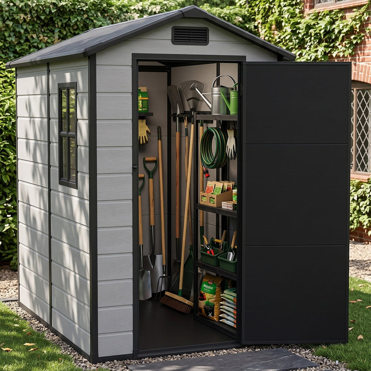 4 x 6 ft Plastic Garden Storage Shed with Apex Roof & Lockable Door