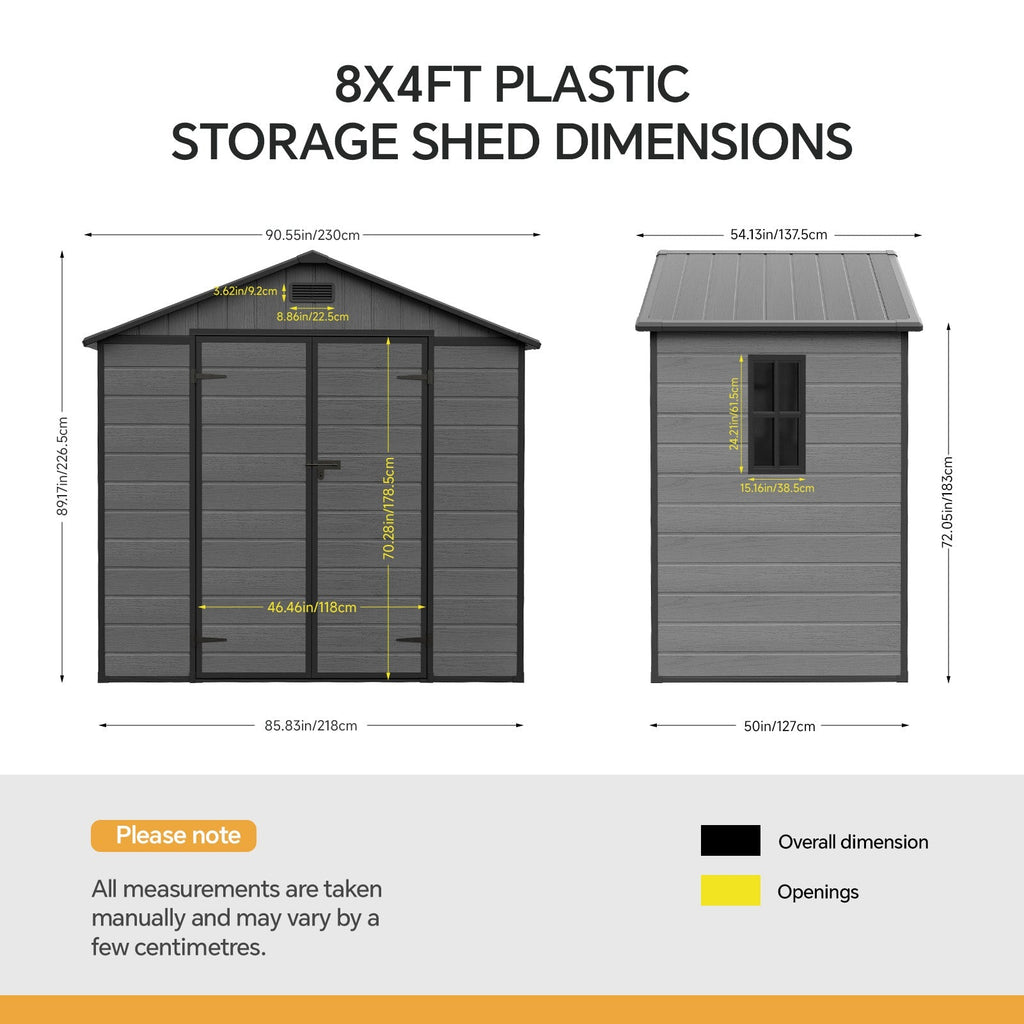 8 x 4 ft Plastic Garden Storage Shed with Apex Roof & Double Doors