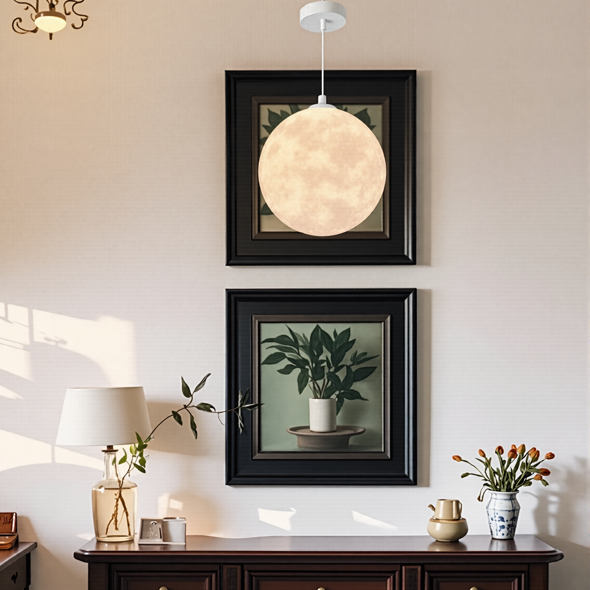 DEMOLIGHTS 3D printed moon pendant light for bedroom, eco-friendly lunar globe chandelier with intricate moon design.