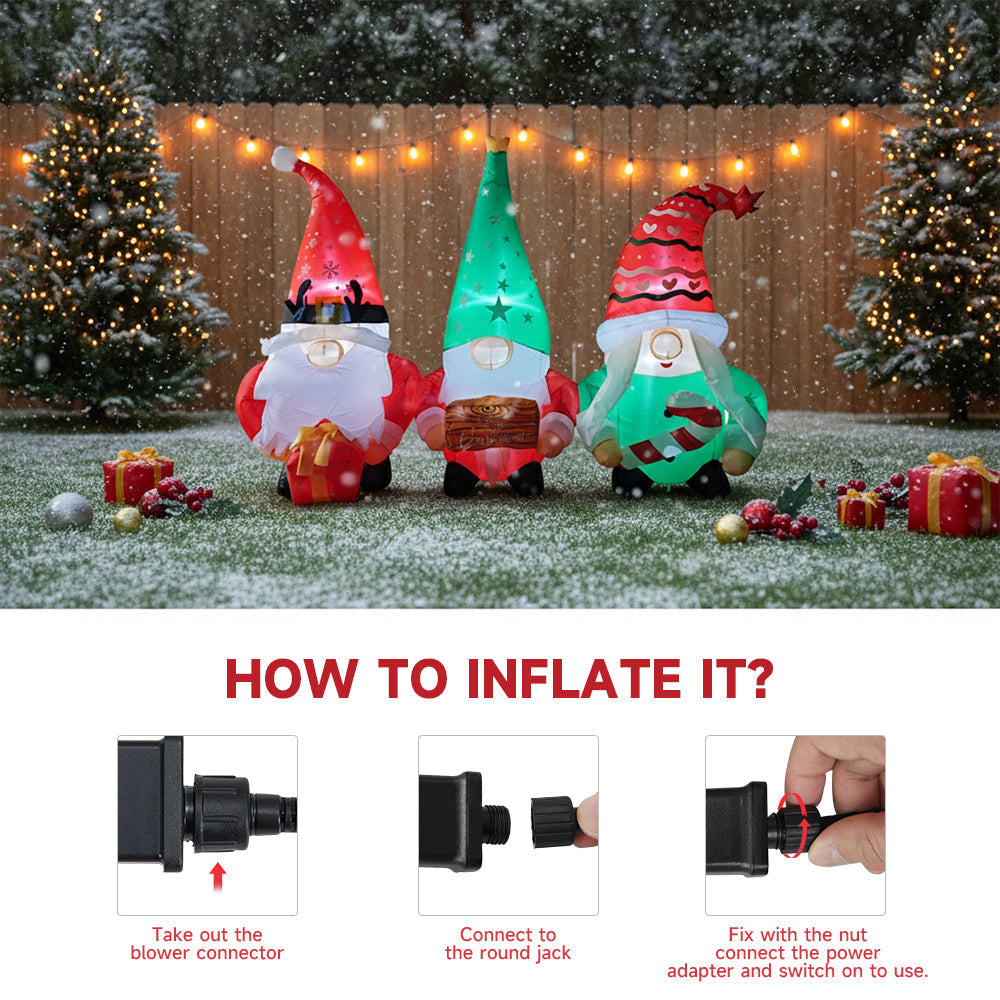 Garden Sanctuary Christmas inflatable gnome trio with LED lights, featuring festive holiday decorations and colorful gnome figures.