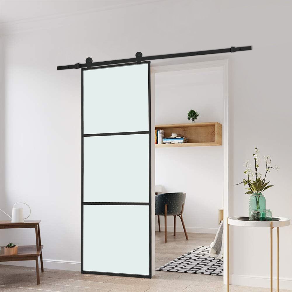Frosted Glass Black Barn Door with Sliding Hardware Kit