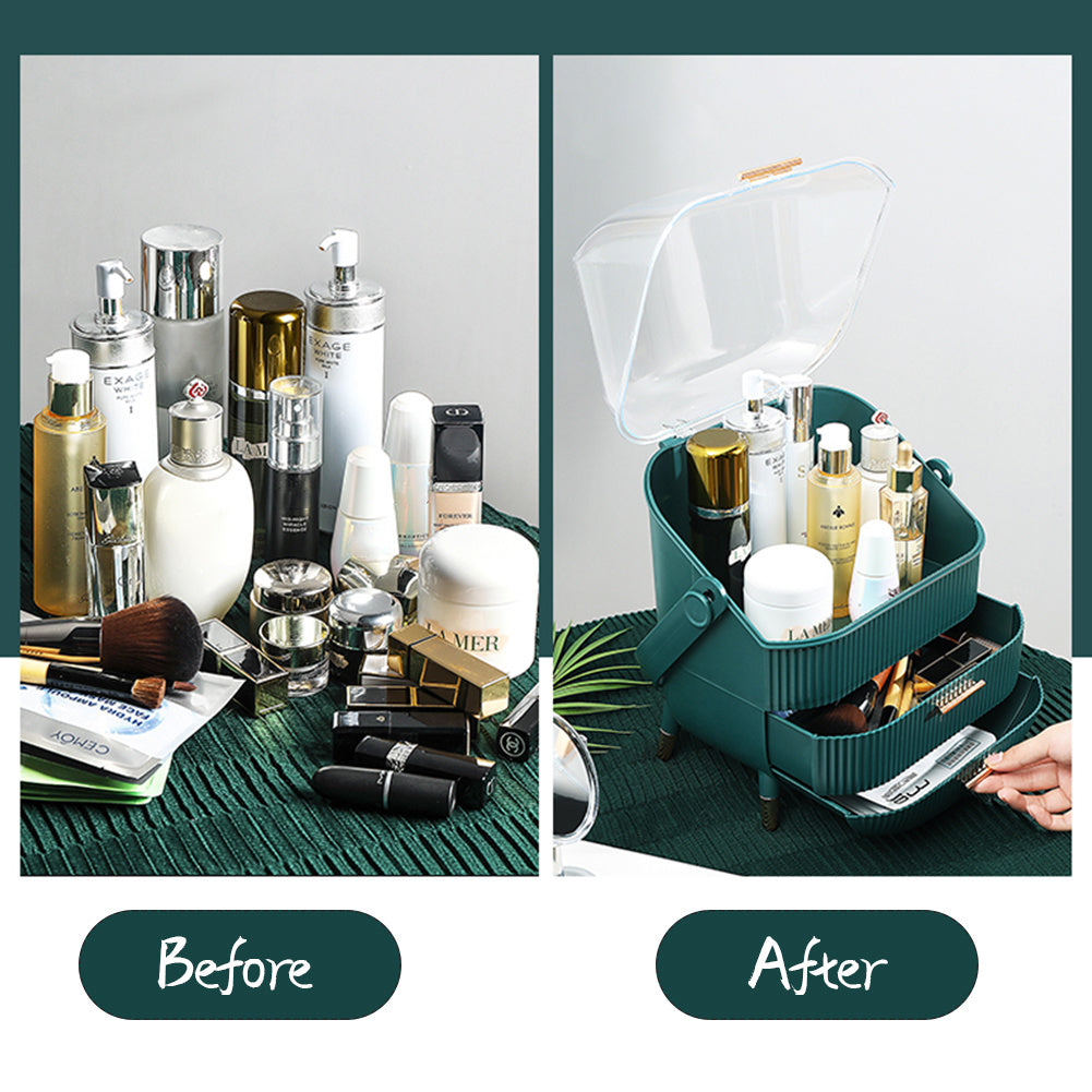 White/Green Elegant Makeup Storage Organizer Box with Drawers and Handle