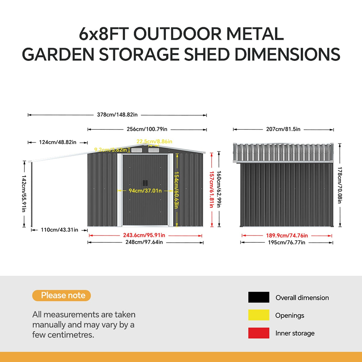 8 x 6 ft Metal Garden Storage Shed with Apex Roof & 4 ft Side Lean-to