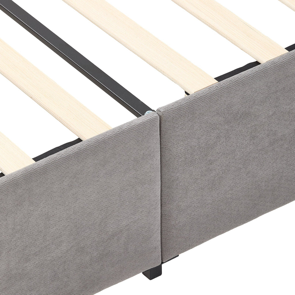 Garden Sanctuary double upholstered bed frame with built-in storage drawers, showcasing soft fabric upholstery and sturdy construction.