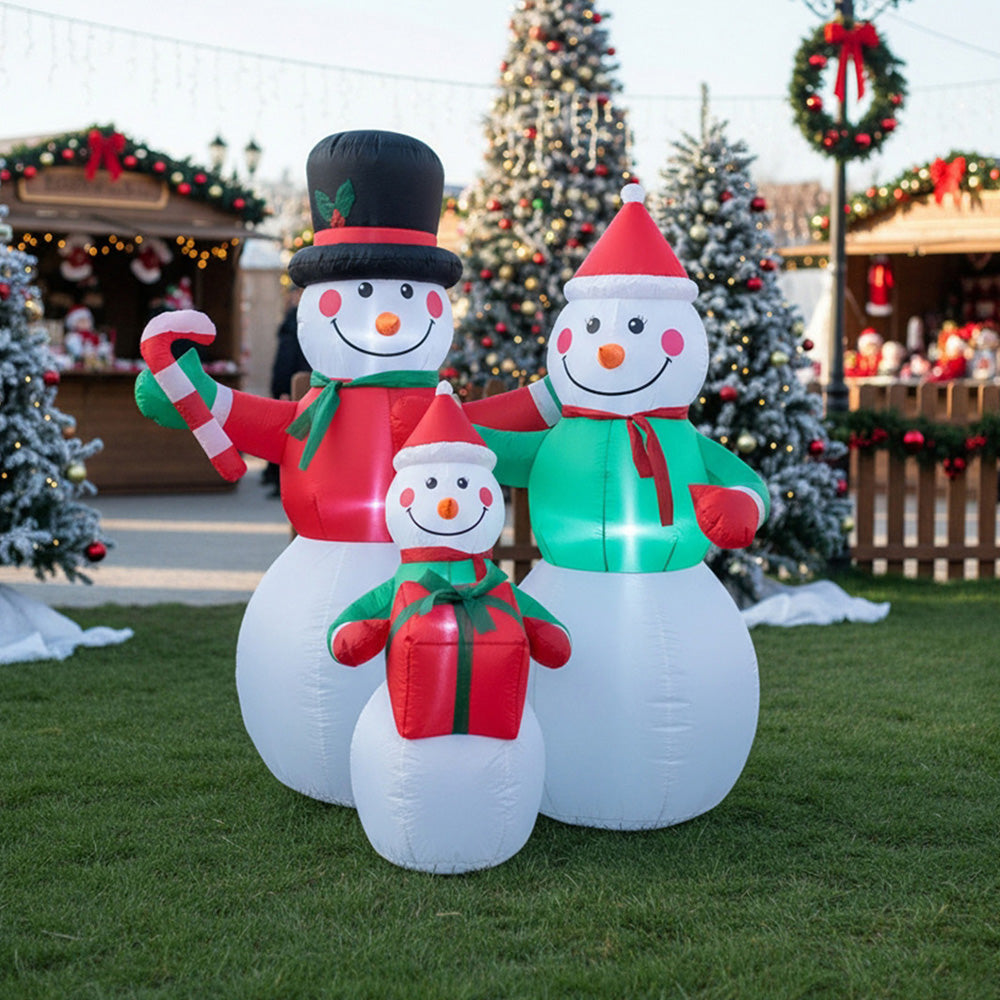 Garden Sanctuary 6ft Christmas inflatable snowman family with LED lights, festive holiday outdoor decoration display