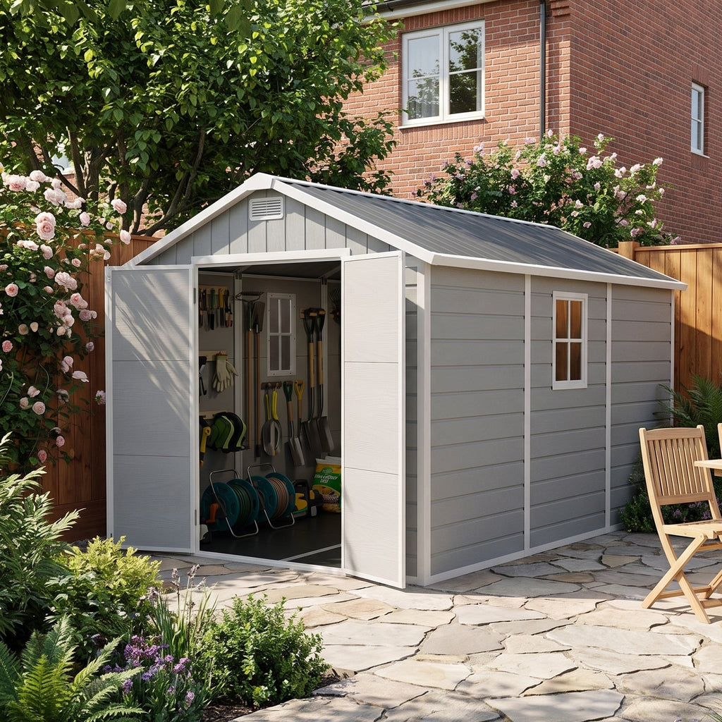 8 x 12 ft Aluminium-Framed Plastic Garden Storage Shed with Apex Roof