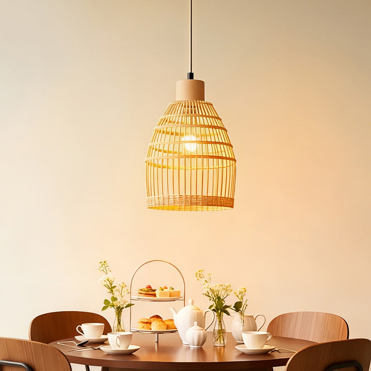 E27 bamboo-woven ceiling pendant light by Garden Sanctuary hanging in a modern living room.