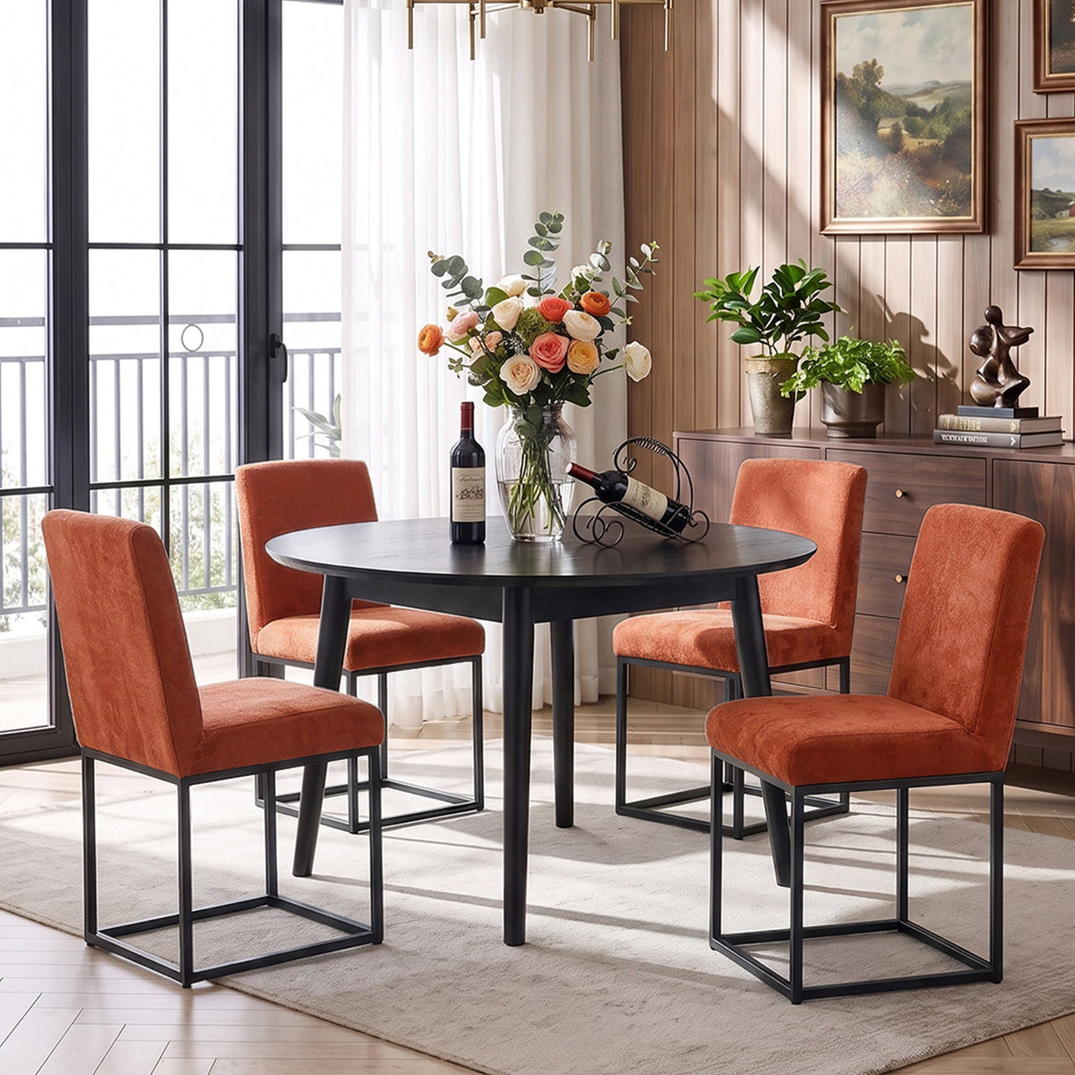 Set of 2 chenille upholstered dining chairs with black metal legs, featuring plush fabric and modern design by Garden Sanctuary