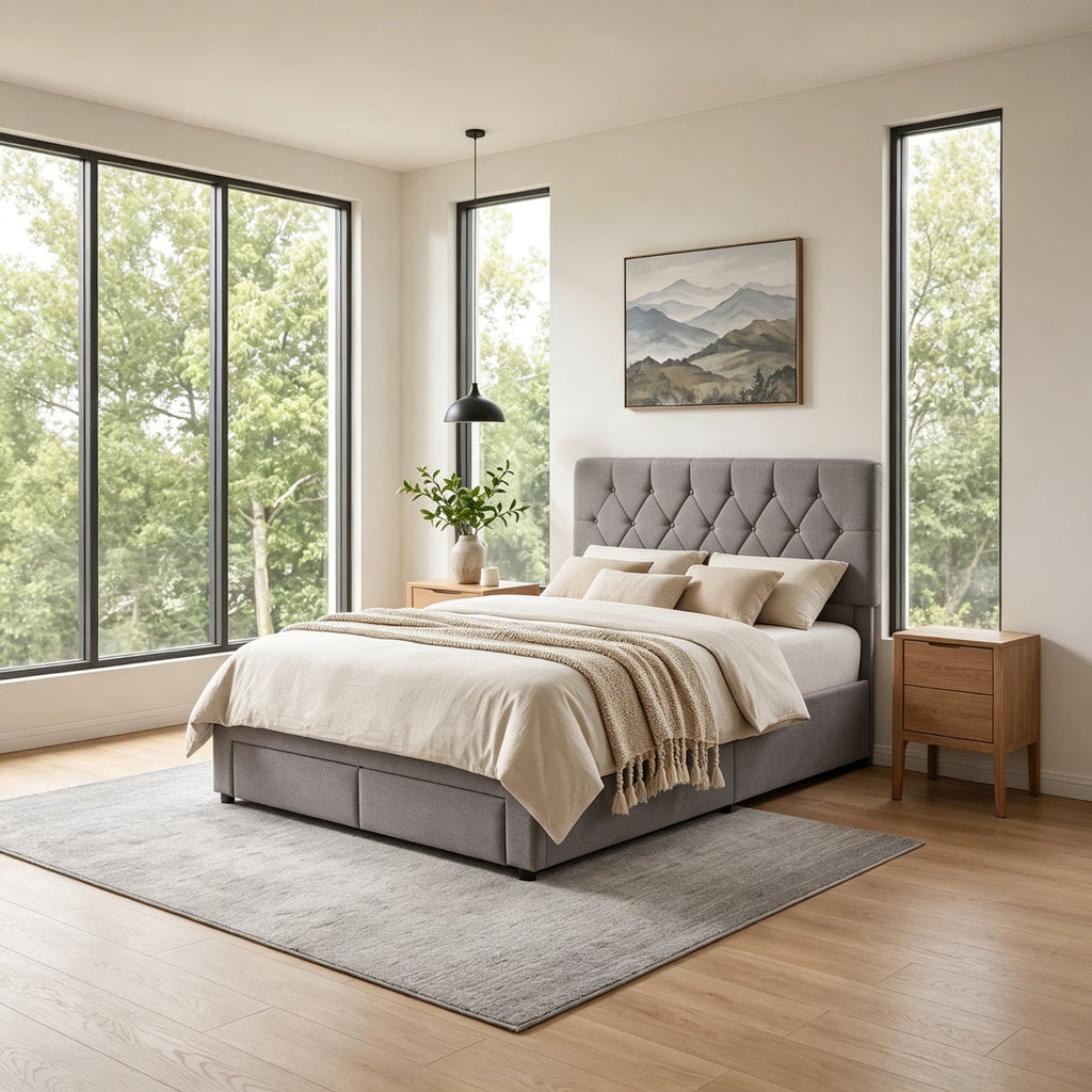 Garden Sanctuary double upholstered bed frame with integrated storage drawers, featuring plush fabric and sturdy construction.