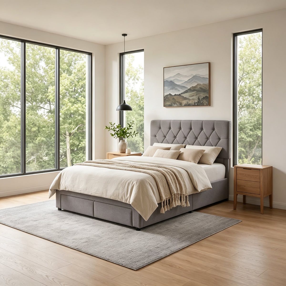 Garden Sanctuary double upholstered bed frame with integrated storage drawers, featuring plush fabric and sturdy construction.