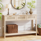 Rustic Wood Console Table with 3 Rattan Drawer