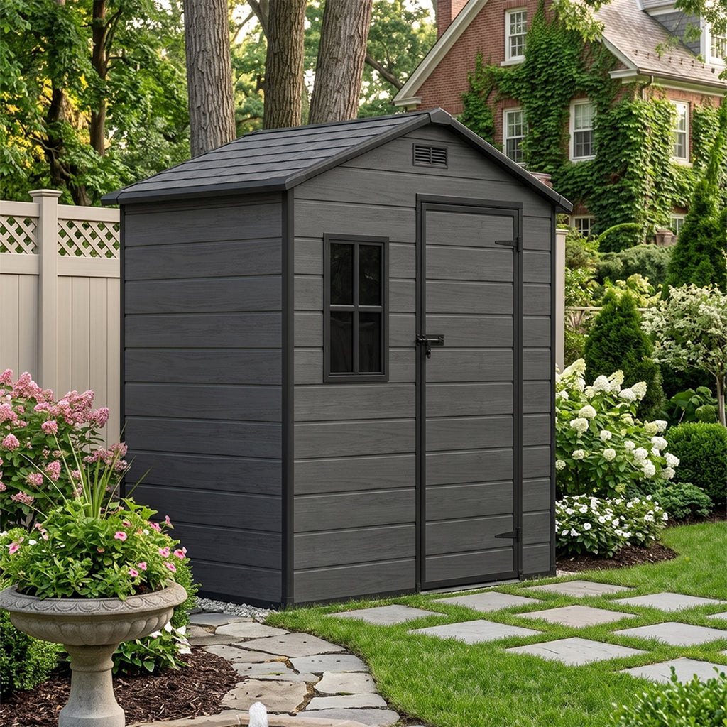 6 x 4 ft Plastic Garden Storage Shed with Apex Roof & Lockable Door