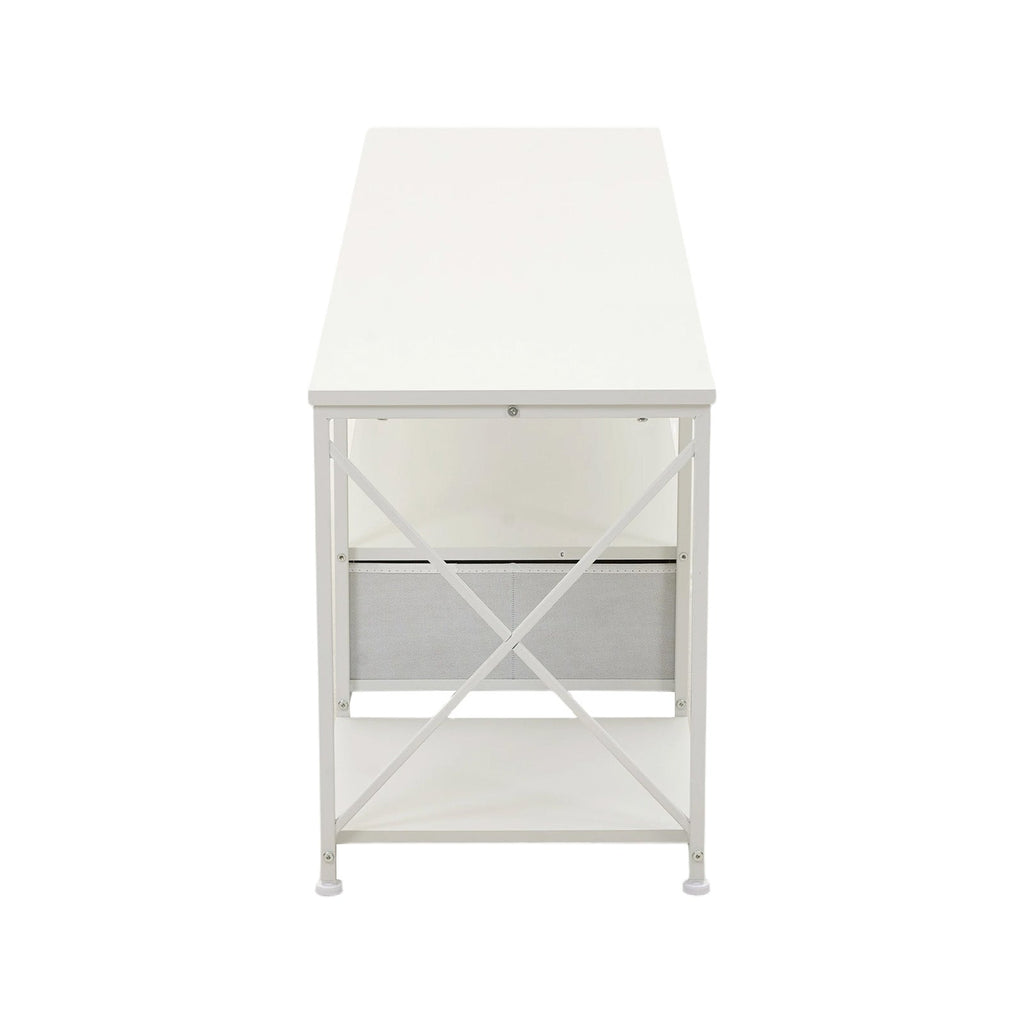 160cm White TV Stand with 2 Fabric Drawers & Open Shelves