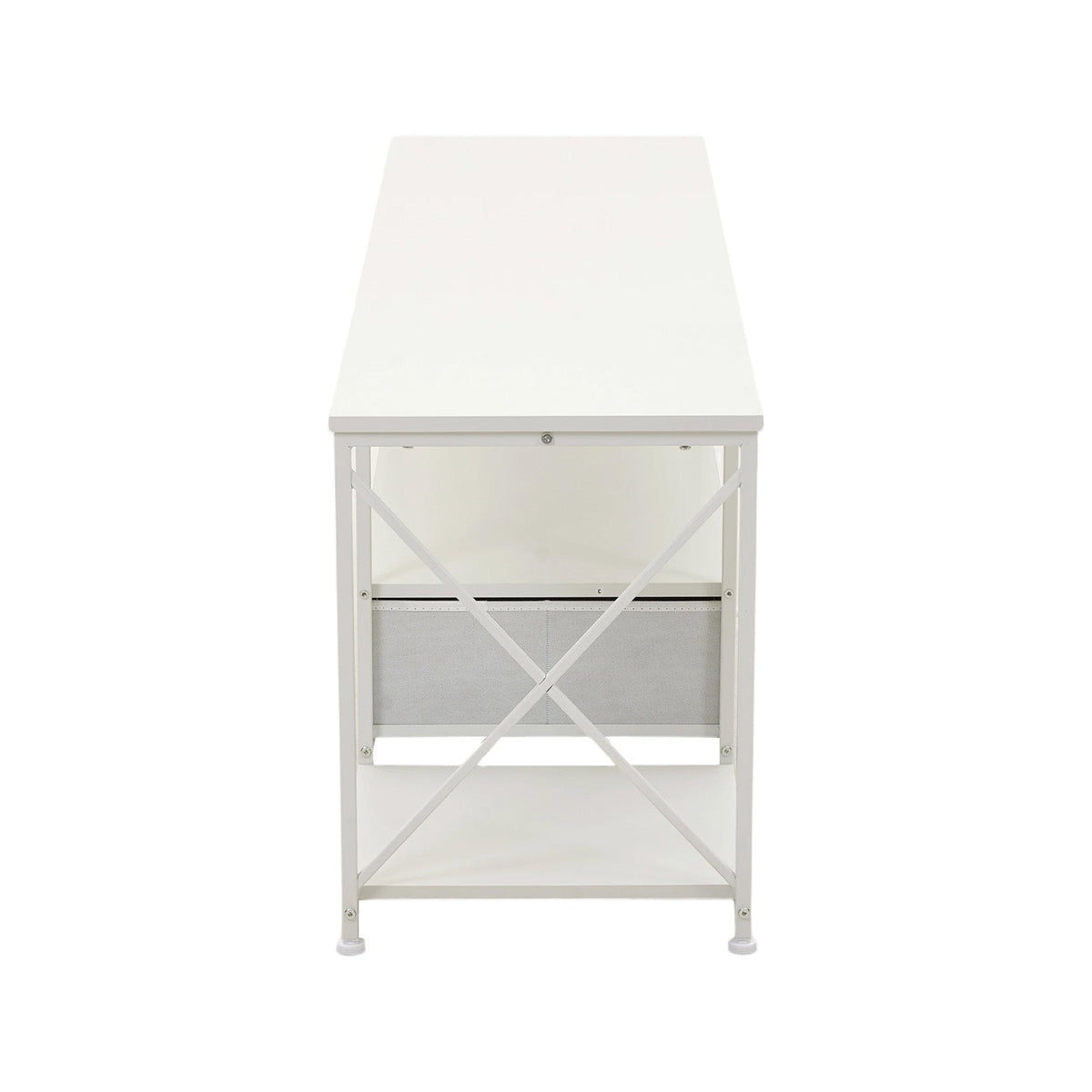160cm White TV Stand with 2 Fabric Drawers & Open Shelves
