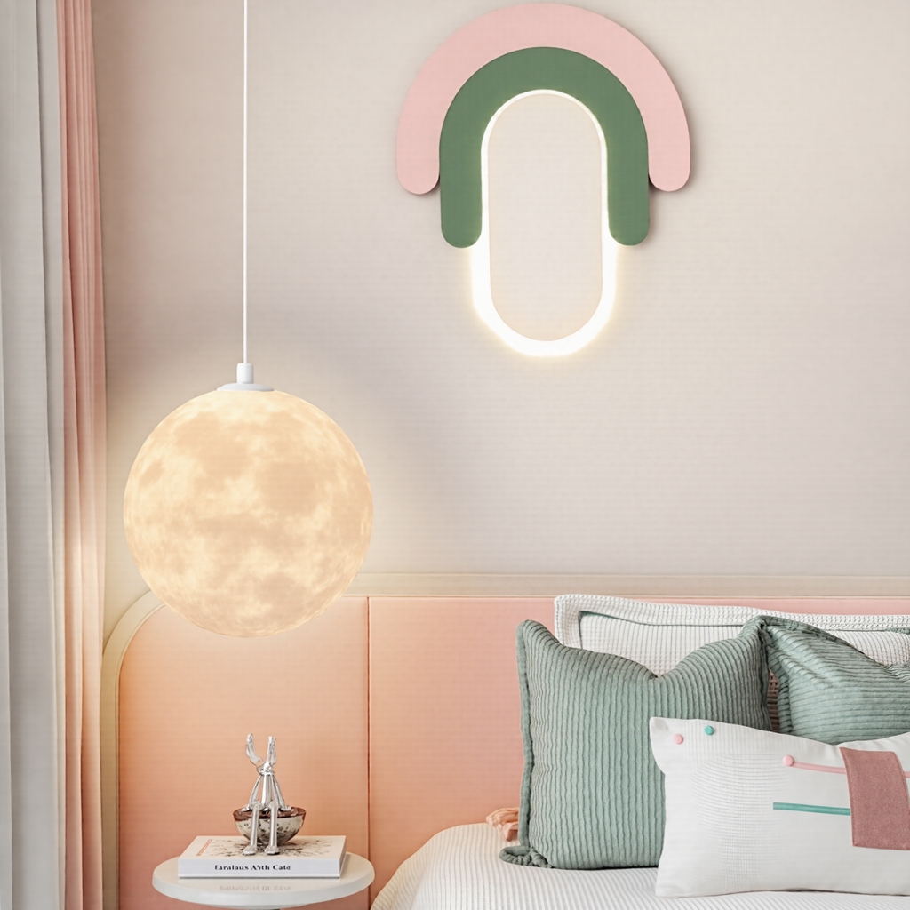 3D printed moon pendant light by DEMOLIGHTS, eco-friendly lunar globe chandelier for bedroom ceiling decor.