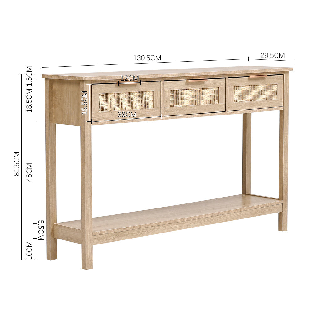 Rustic Wood Console Table with 3 Rattan Drawer