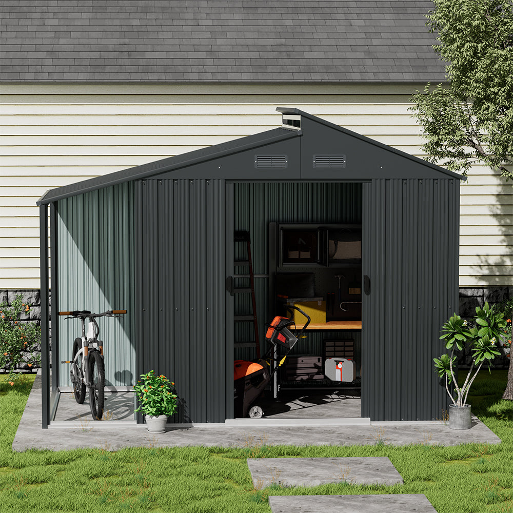 Galvanised Steel Garden Storage Shed with Apex Roof & Side Lean-to
