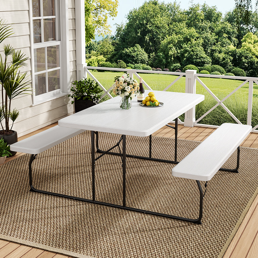 Foldable Outdoor Table and Bench Set with Parasol Hole
