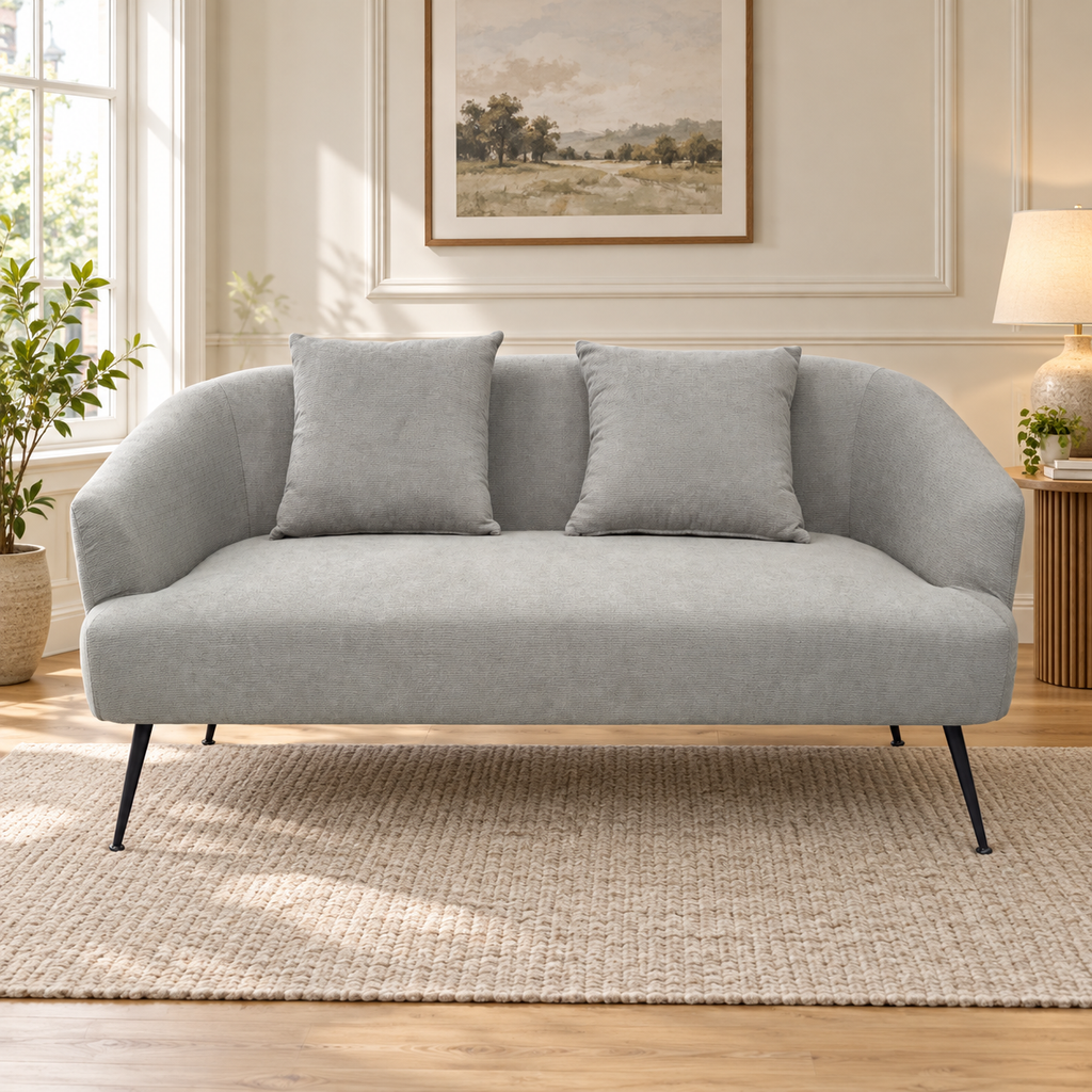 Modern Garden Sanctuary chenille 2-seater sofa with two scatter cushions, featuring soft fabric and contemporary design.